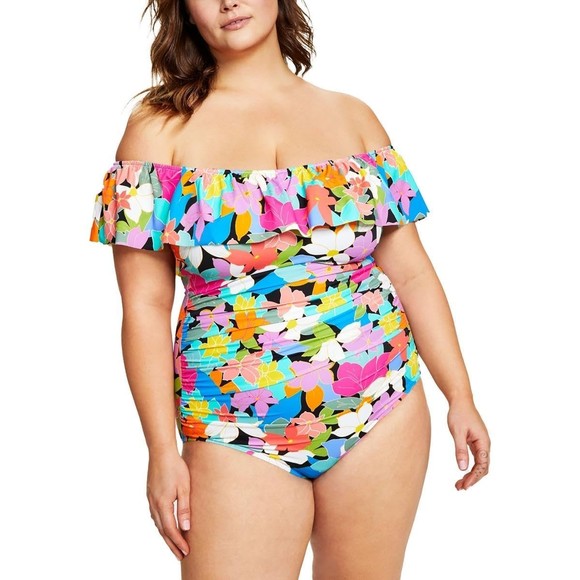 Swim Solutions Women's Off-The-Shoulder Floral Print Swimsuit Black, Size 22W - Picture 1 of 7